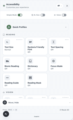 AriaWAI accessibility toolbar panel